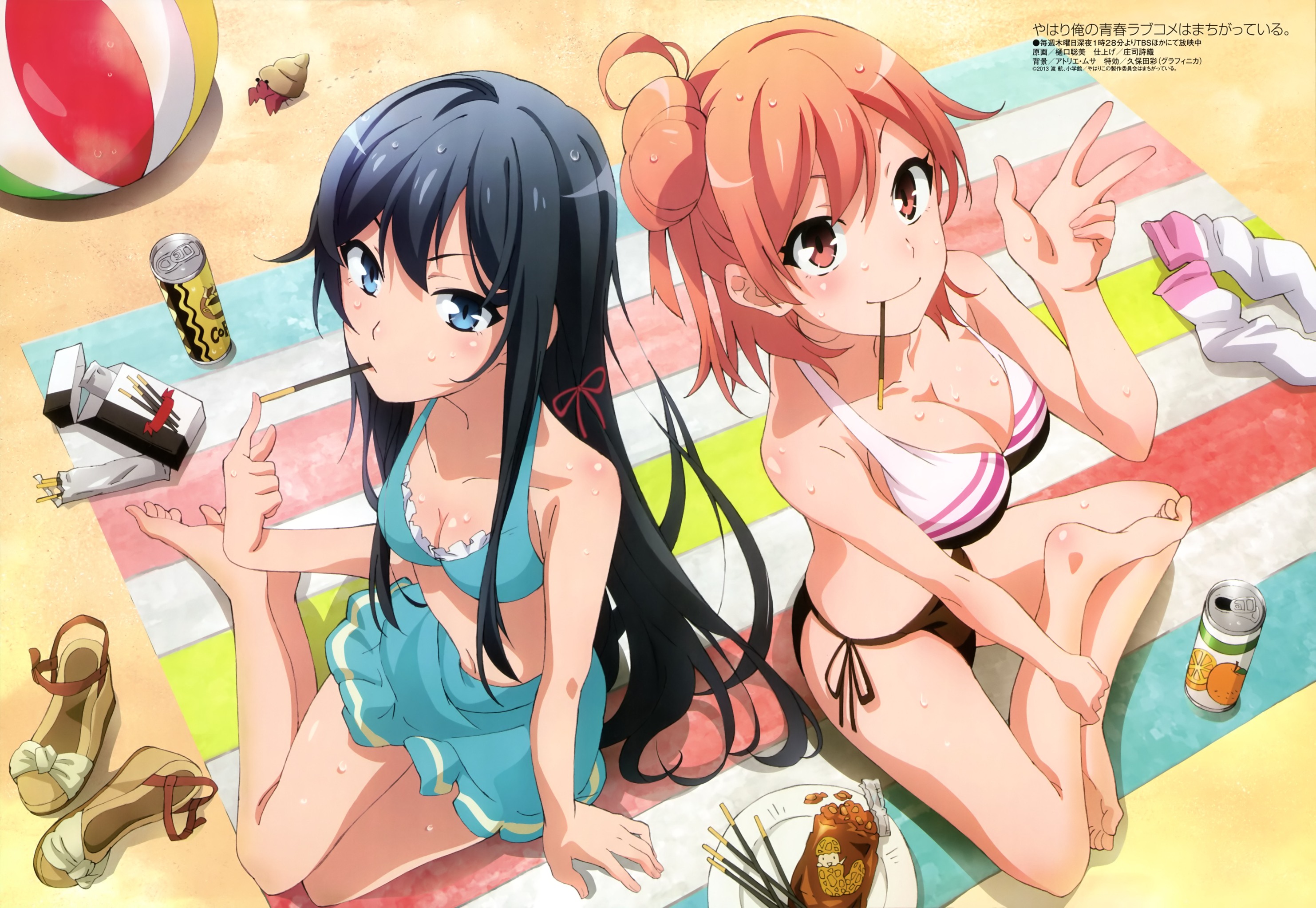 аниме картинка две девушки на пляже в бикини yukinoshita yukino и yuigahama yui из yahari ore no seishun love come wa